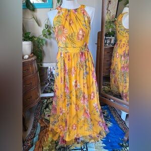 Candalite Floral Yellow Halter Maxi Polyester Spring Summer Dress, Medium